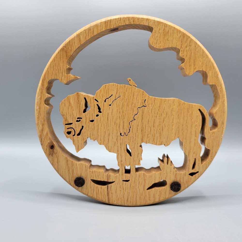 Buffalo Scene Handcrafted Wooden 3D Oak Wood Circular Wall Art Trivet Decor - Picture 2 of 10